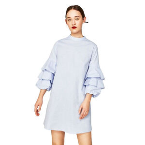 Zara Basic Collection Women's XS Light Blue Trendy 3/4 Ruffle Sleeve Mini Dress